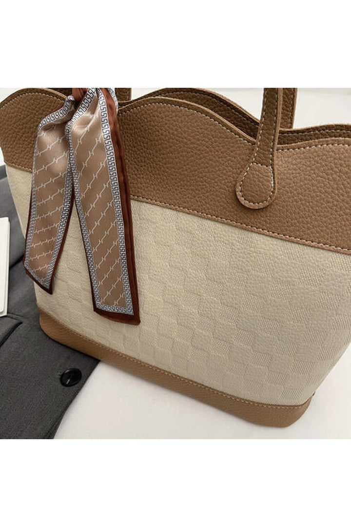 PU Leather Tied Contrast Tote Bag - Handbag - FITGGINS