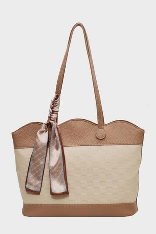 PU Leather Tied Contrast Tote Bag - Handbag - FITGGINS