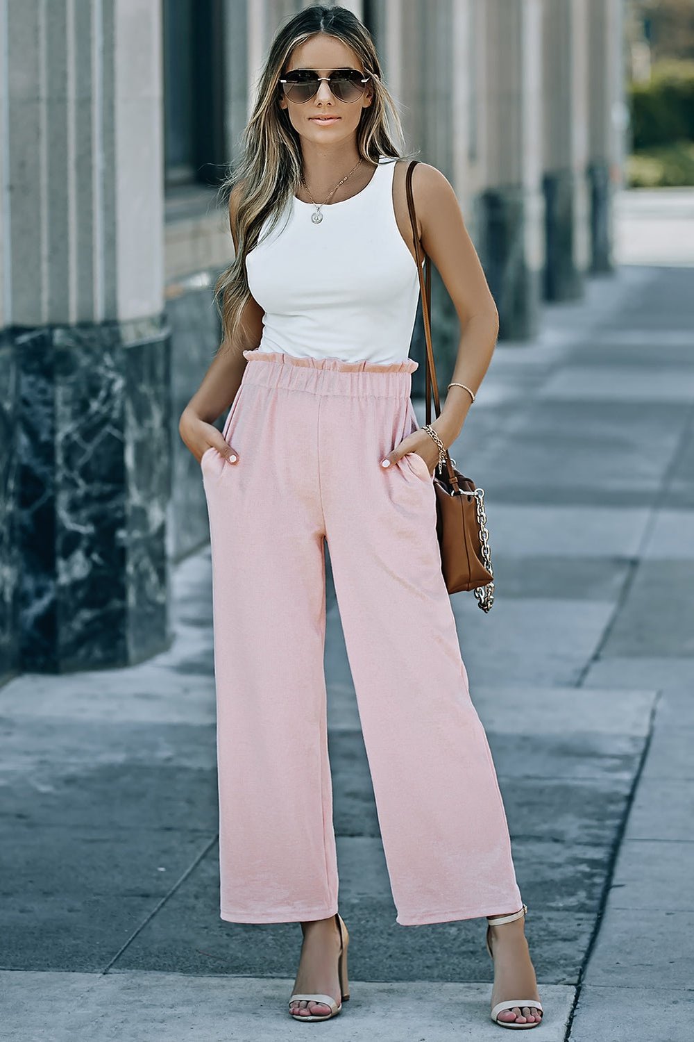 Paperbag Wide Leg Pants with Pockets - Pants - FITGGINS