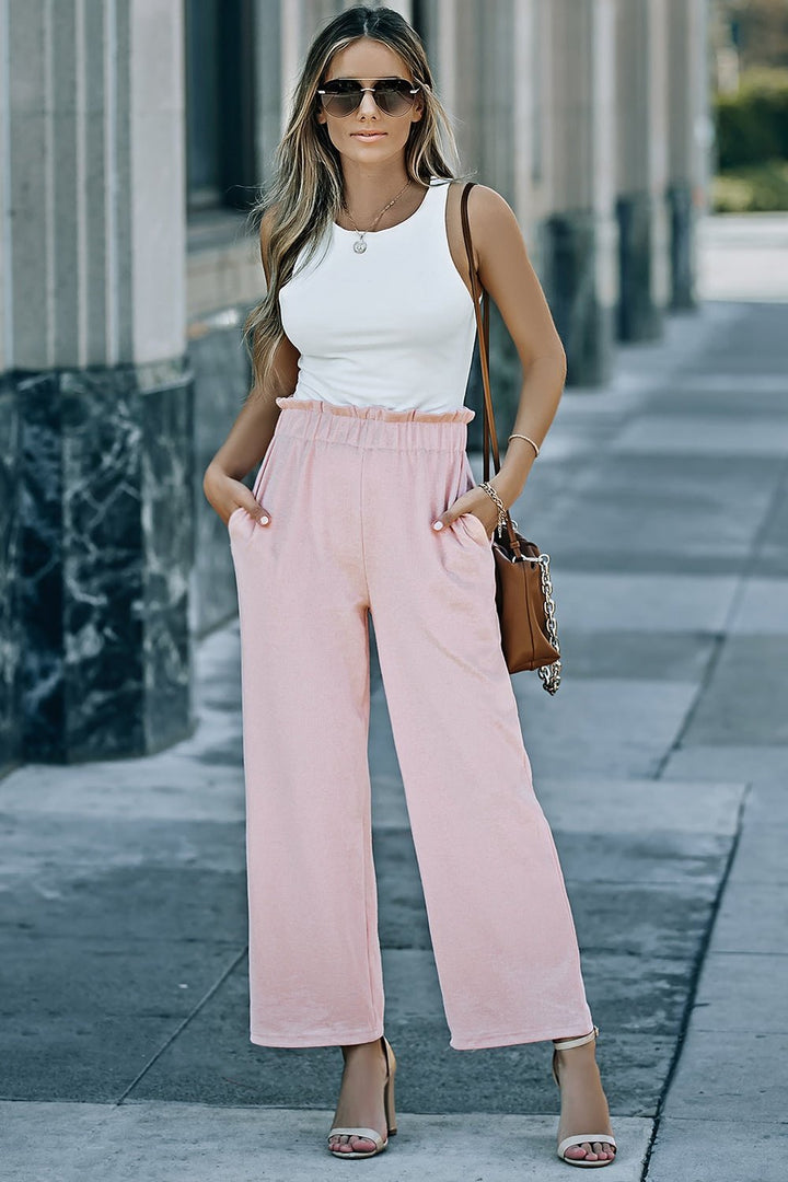 Paperbag Wide Leg Pants with Pockets - Pants - FITGGINS