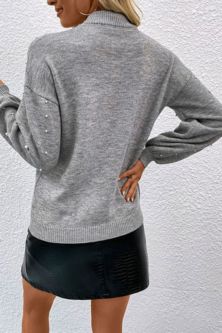 Pearl Dropped Shoulder Ribbed Trim Sweater - Pullover Sweaters - FITGGINS