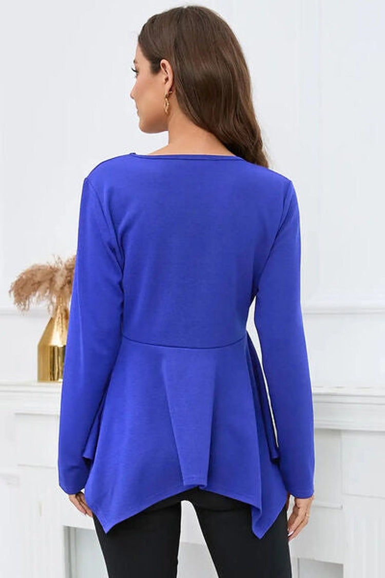 Peplum Round Neck Long Sleeve Blouse - Blouses - FITGGINS