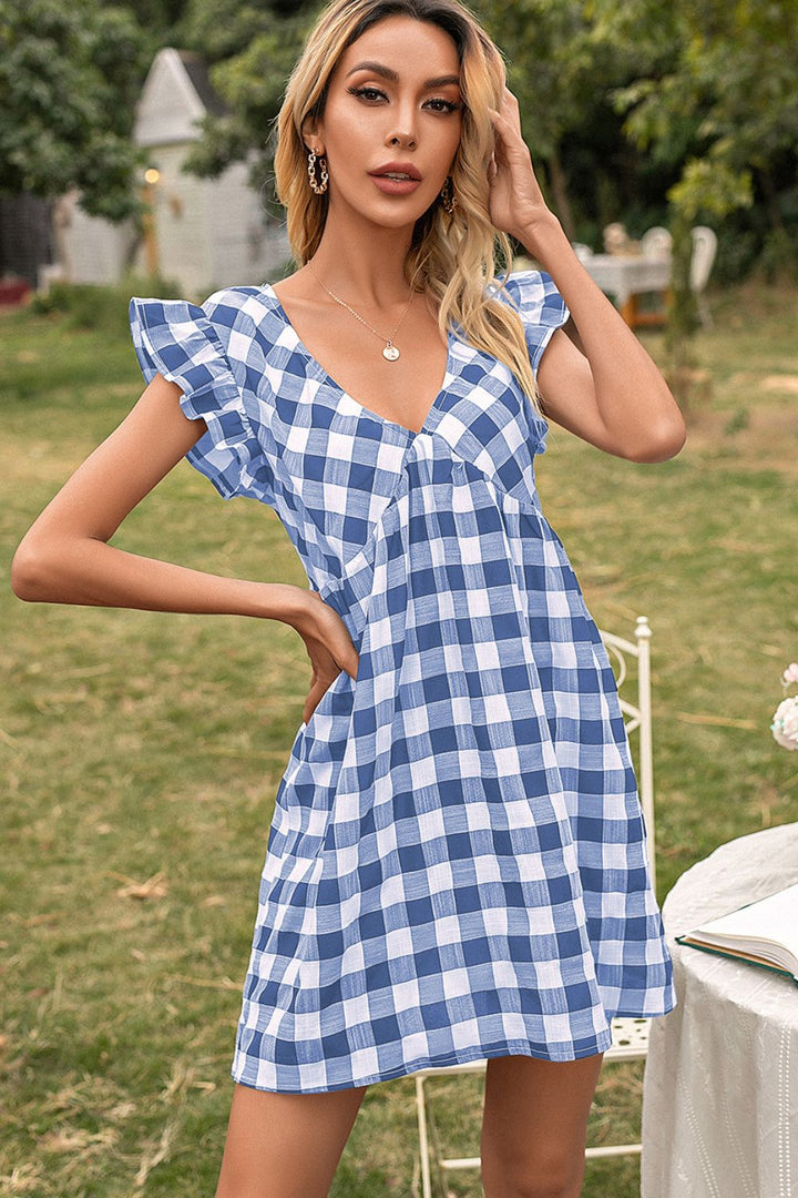 Plaid Butterfly Sleeve Deep V Dress - Casual & Maxi Dresses - FITGGINS