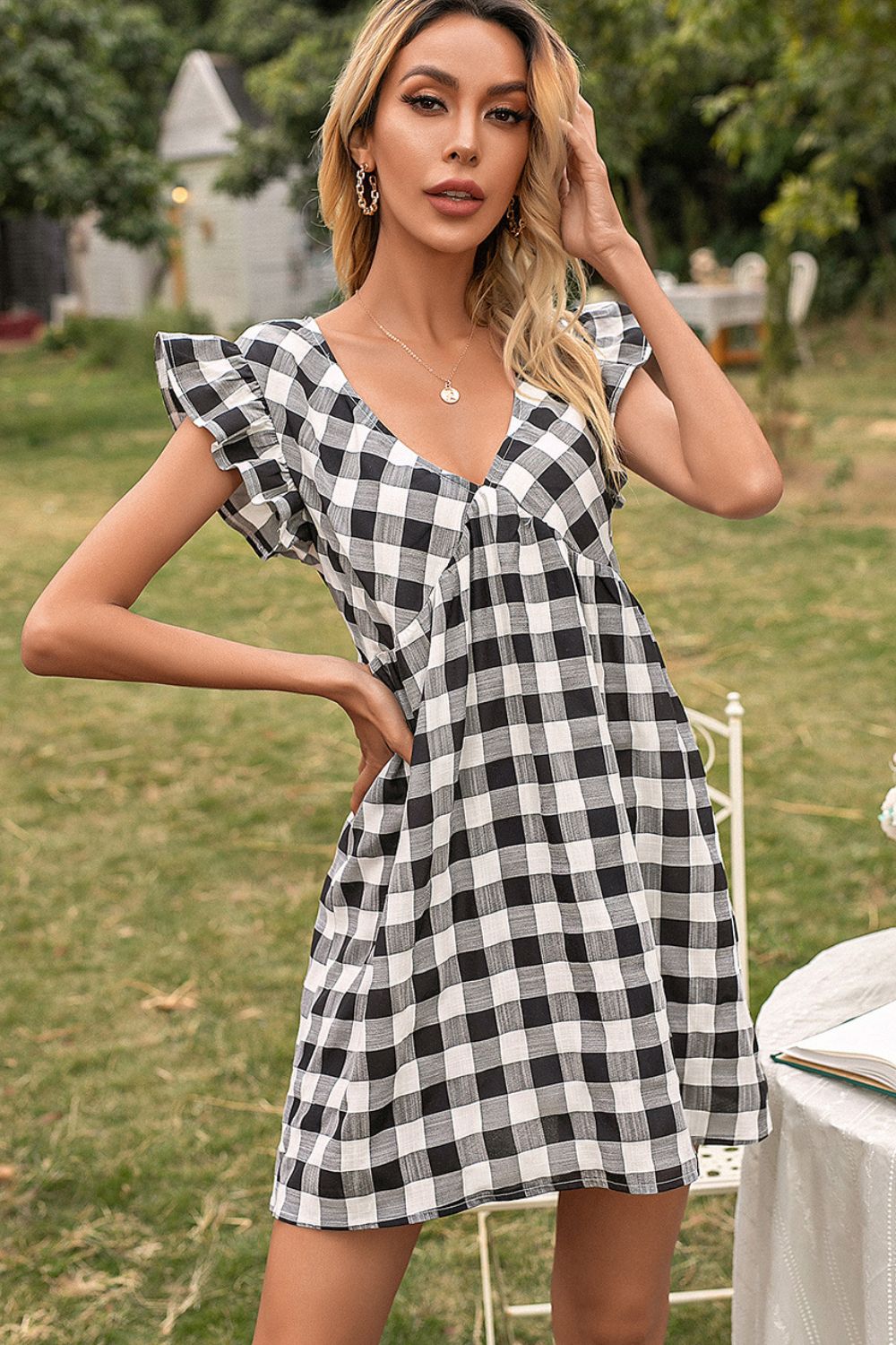 Plaid Butterfly Sleeve Deep V Dress - Casual & Maxi Dresses - FITGGINS