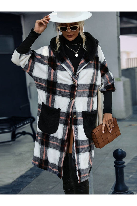 Plaid Button Down Hooded Jacket - Jackets - FITGGINS