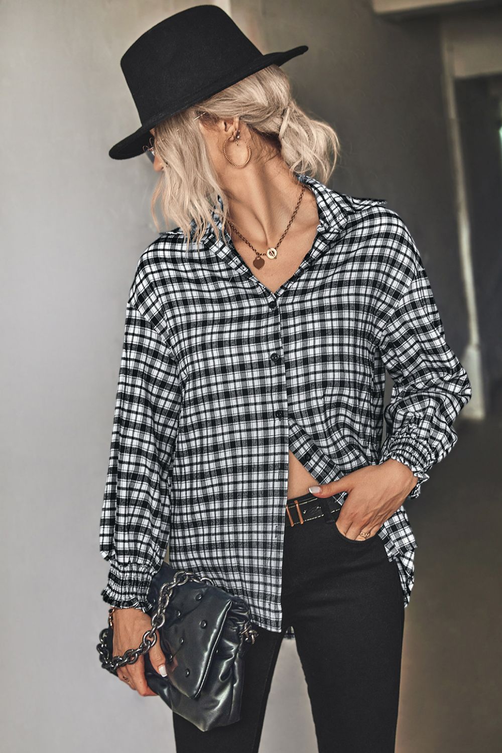 Plaid Button Front Dropped Shoulder Shirt - Shirts - FITGGINS