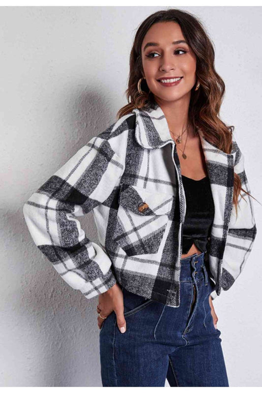 Plaid Button Front Jacket with Pockets - Jackets - FITGGINS