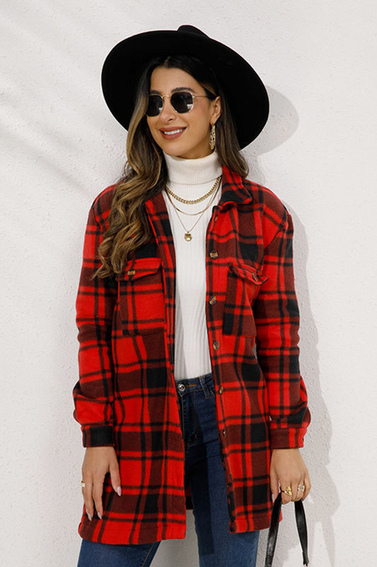 Plaid Collared Longline Coat - Jackets - FITGGINS