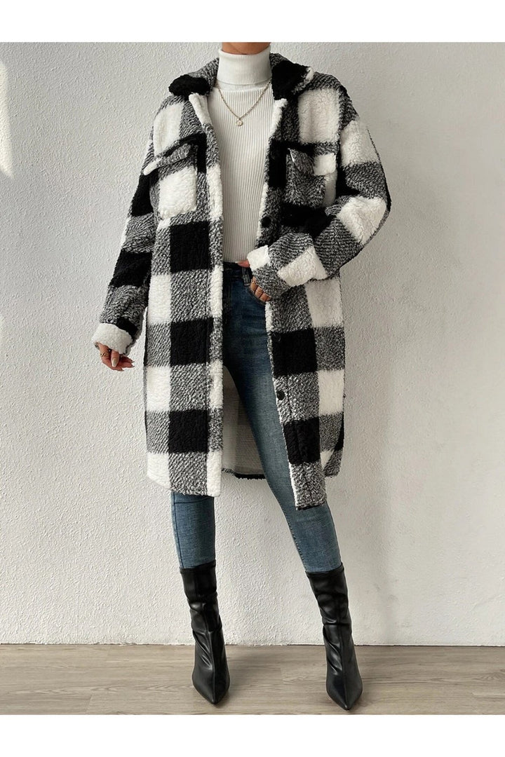 Plaid Collared Neck Button Down Coat - Jackets - FITGGINS