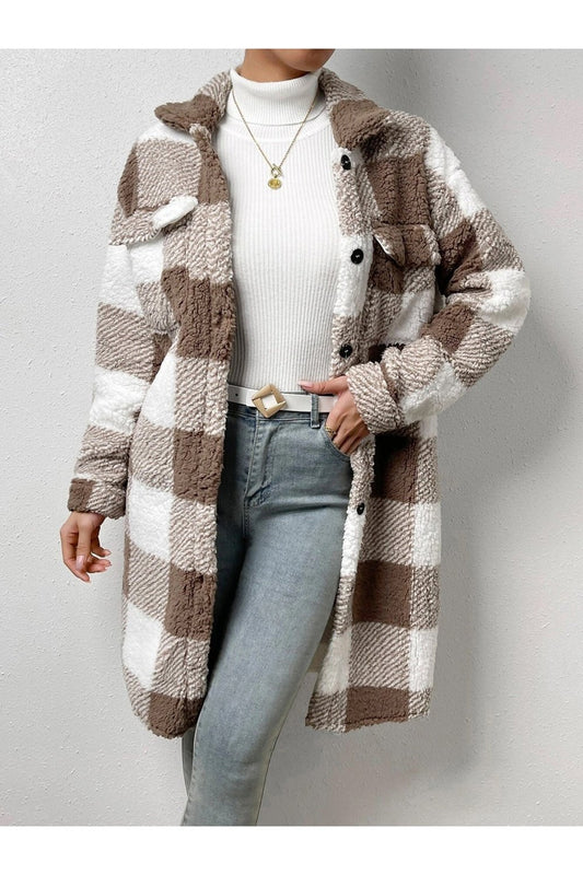 Plaid Collared Neck Button Down Coat - Jackets - FITGGINS