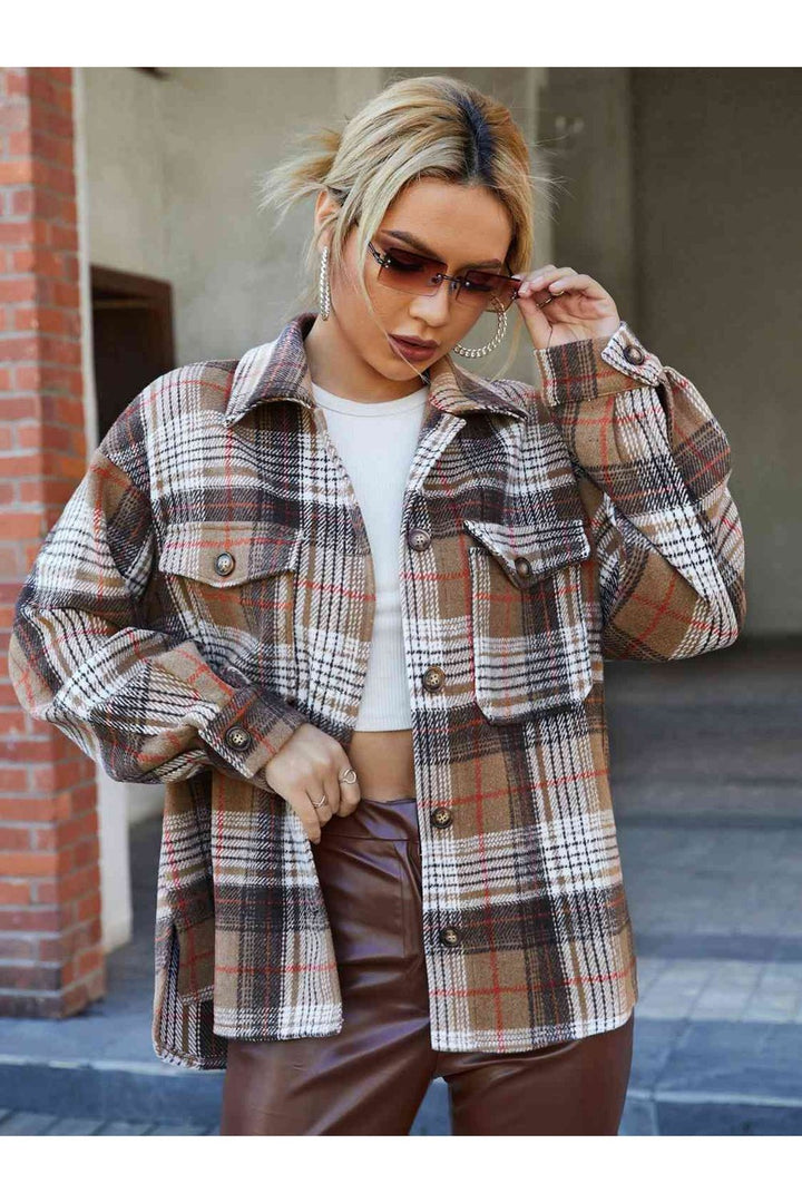 Plaid Collared Neck Button Down Jacket - Jackets - FITGGINS