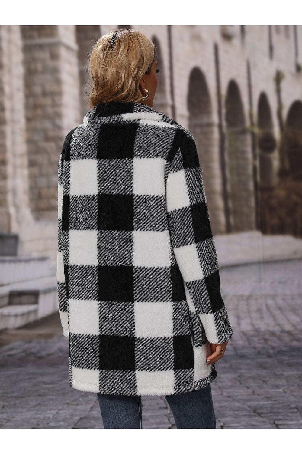 Plaid Collared Neck Coat with Pockets - Jackets - FITGGINS