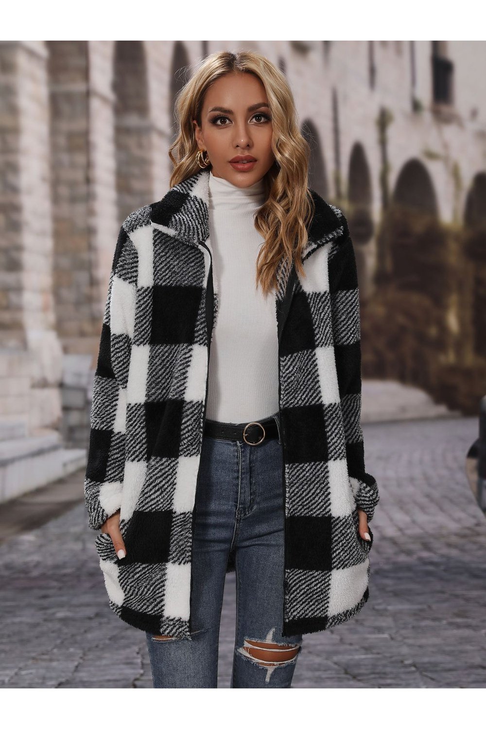 Plaid Collared Neck Coat with Pockets - Jackets - FITGGINS