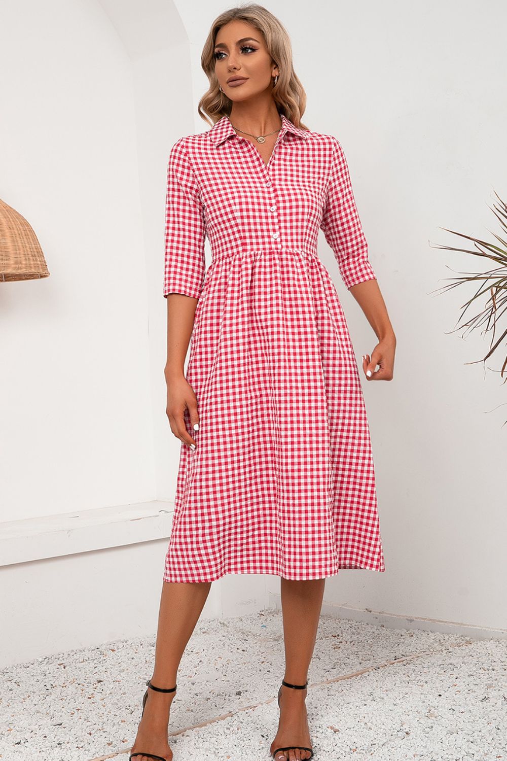 Plaid Collared Neck Midi Dress - Casual & Maxi Dresses - FITGGINS