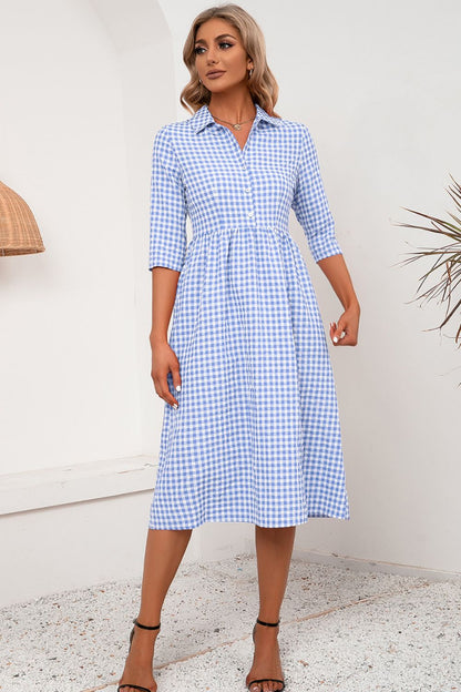 Plaid Collared Neck Midi Dress - Casual & Maxi Dresses - FITGGINS