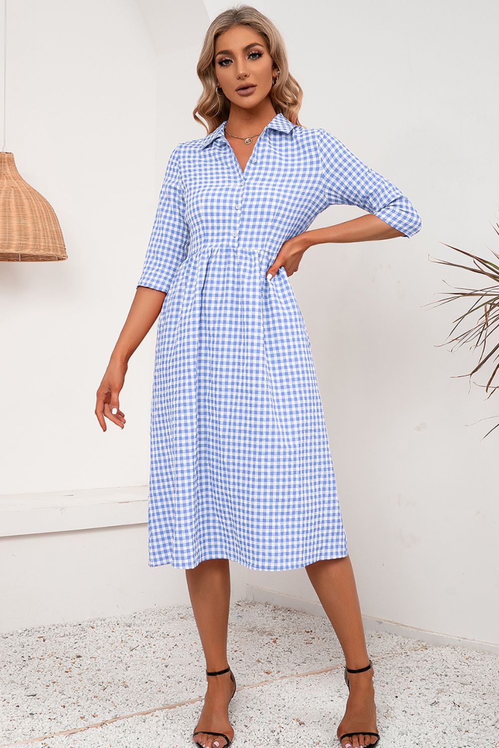 Plaid Collared Neck Midi Dress - Casual & Maxi Dresses - FITGGINS