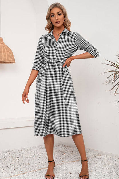 Plaid Collared Neck Midi Dress - Casual & Maxi Dresses - FITGGINS