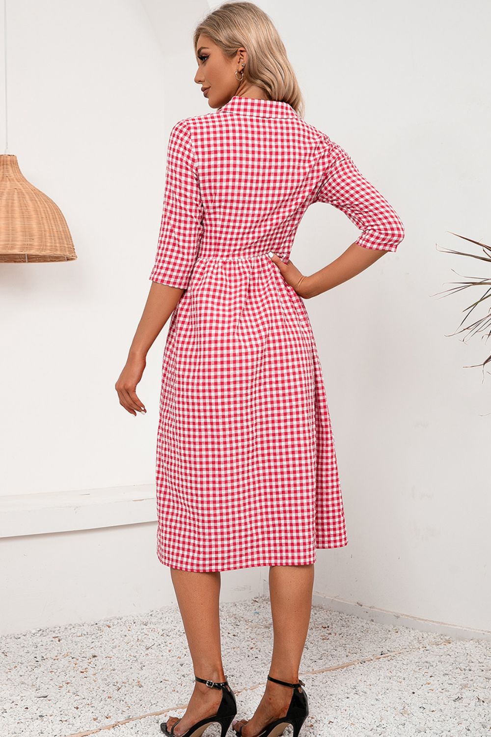 Plaid Collared Neck Midi Dress - Casual & Maxi Dresses - FITGGINS