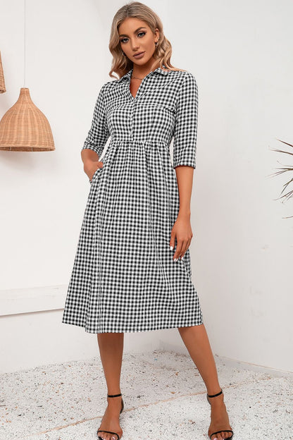 Plaid Collared Neck Midi Dress - Casual & Maxi Dresses - FITGGINS