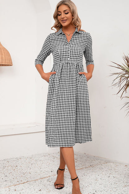 Plaid Collared Neck Midi Dress - Casual & Maxi Dresses - FITGGINS