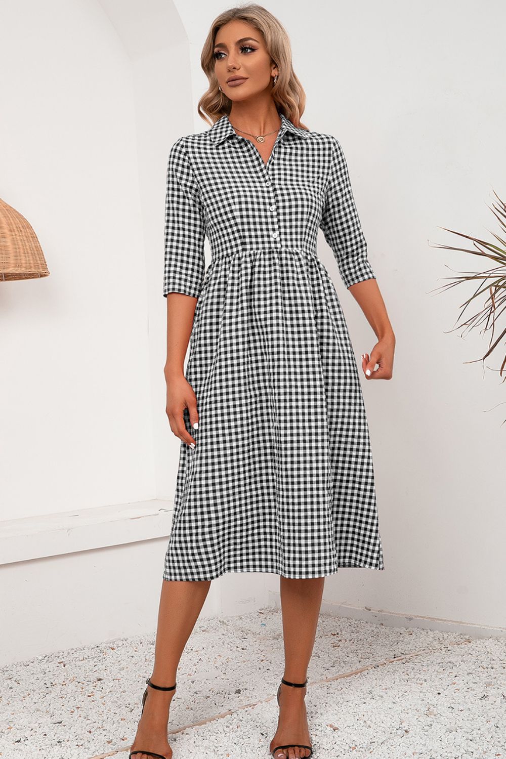 Plaid Collared Neck Midi Dress - Casual & Maxi Dresses - FITGGINS