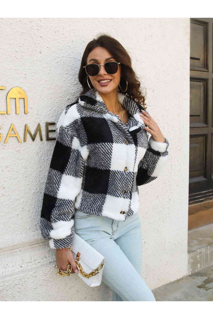 Plaid Dropped Shoulder Buttoned Jacket - Jackets - FITGGINS
