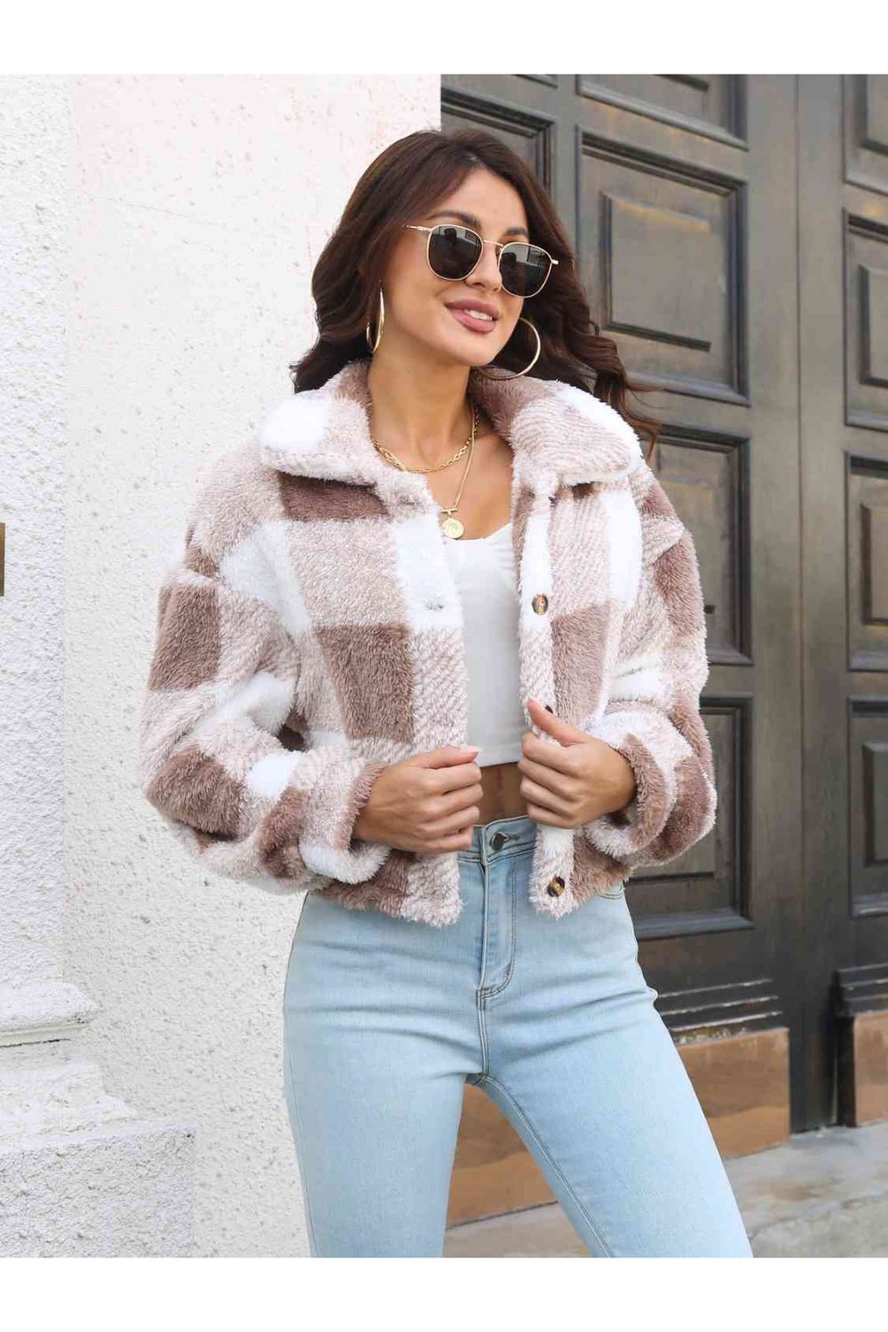 Plaid Dropped Shoulder Buttoned Jacket - Jackets - FITGGINS