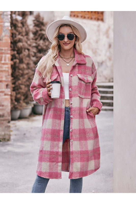 Plaid Dropped Shoulder Slit Coat - Jackets - FITGGINS