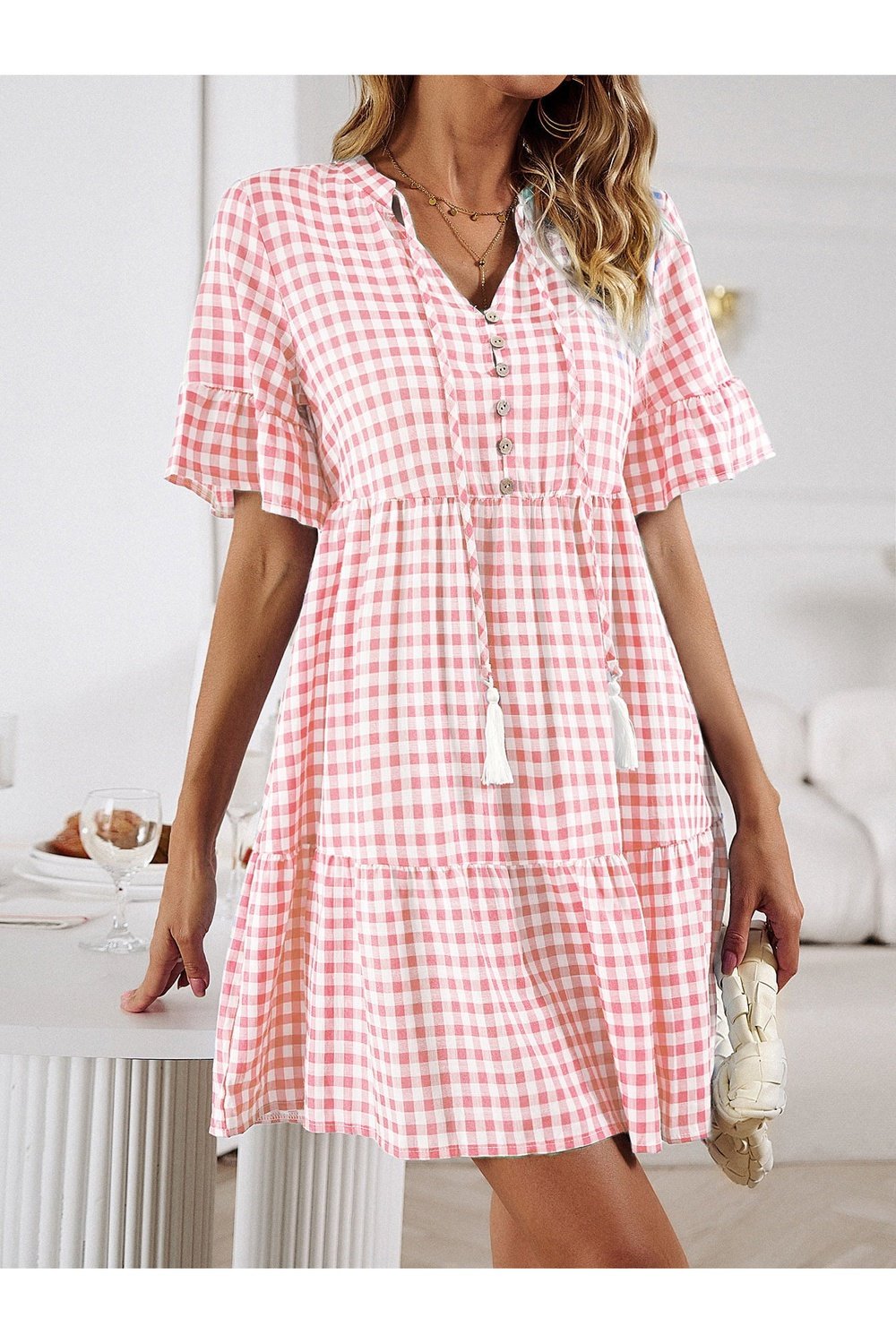 Plaid Flounce Sleeve Buttoned Mini Dress - Casual & Maxi Dresses - FITGGINS