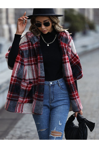 Plaid Hooded Coat with Pockets - Jackets - FITGGINS