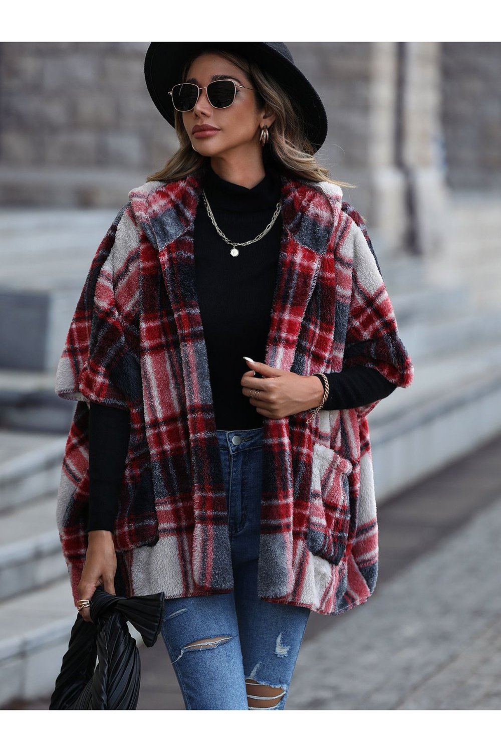 Plaid Hooded Coat with Pockets - Jackets - FITGGINS
