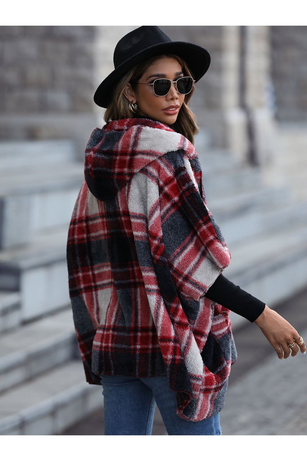 Plaid Hooded Coat with Pockets - Jackets - FITGGINS