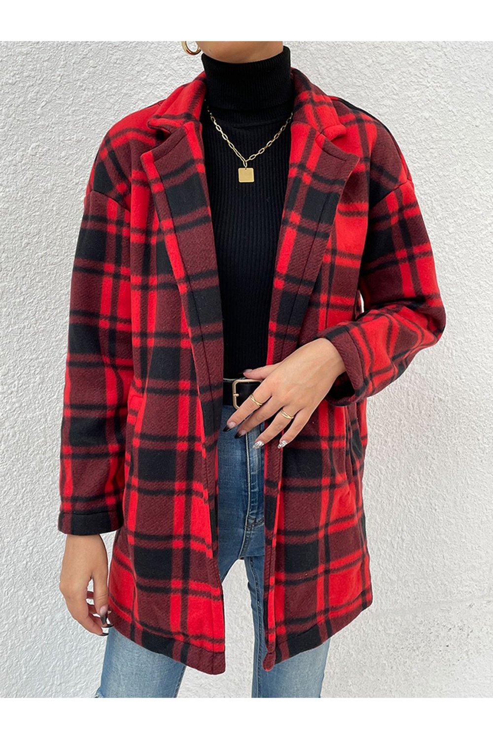 Plaid Lapel Collar Coat with Pockets - Jackets - FITGGINS