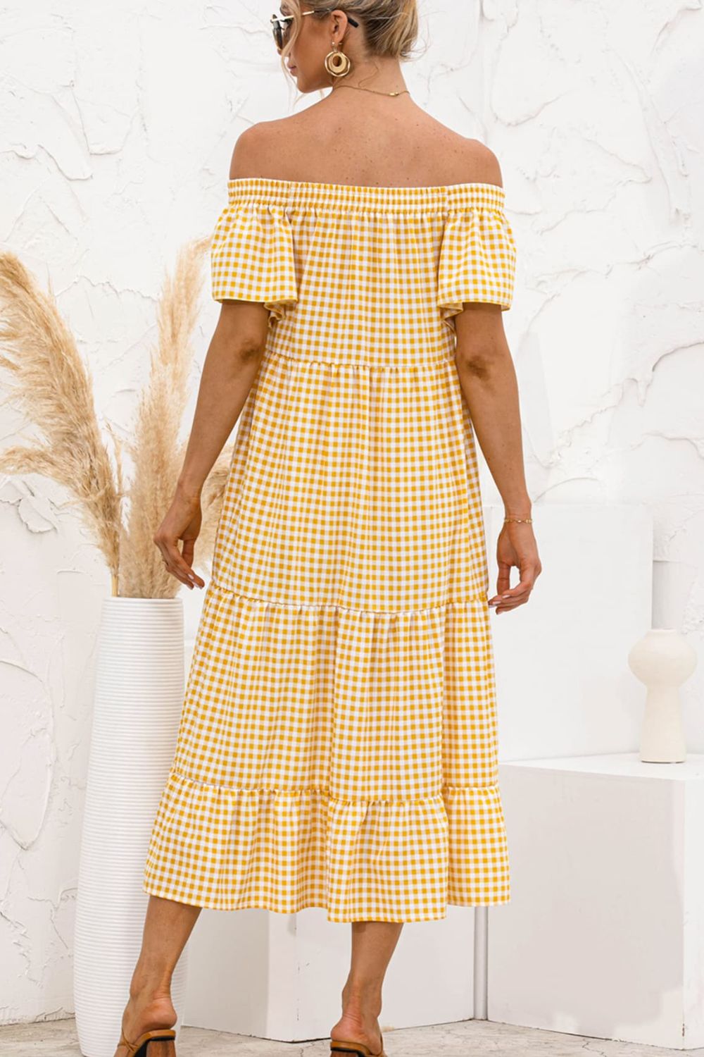 Plaid Off-Shoulder Tiered Midi Dress - Casual & Maxi Dresses - FITGGINS