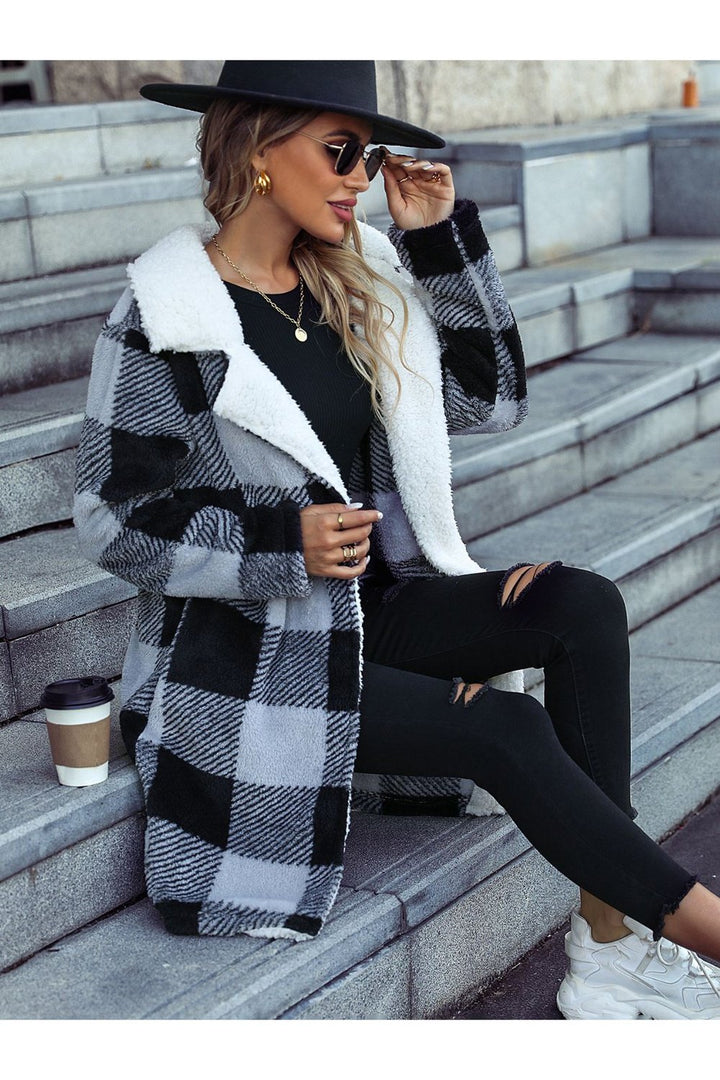 Plaid Open Front Coat with Pockets - Jackets - FITGGINS