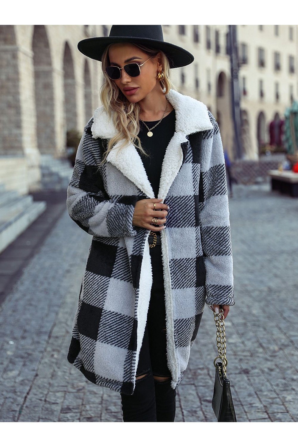 Plaid Open Front Coat with Pockets - Jackets - FITGGINS