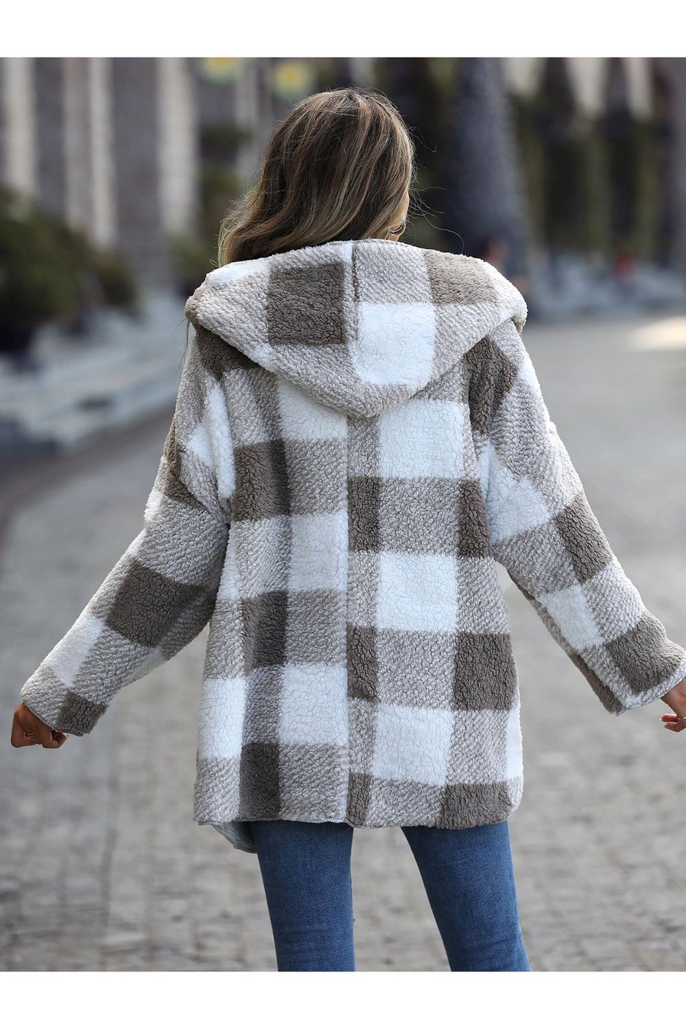 Plaid Open Front Hooded Coat - Jackets - FITGGINS