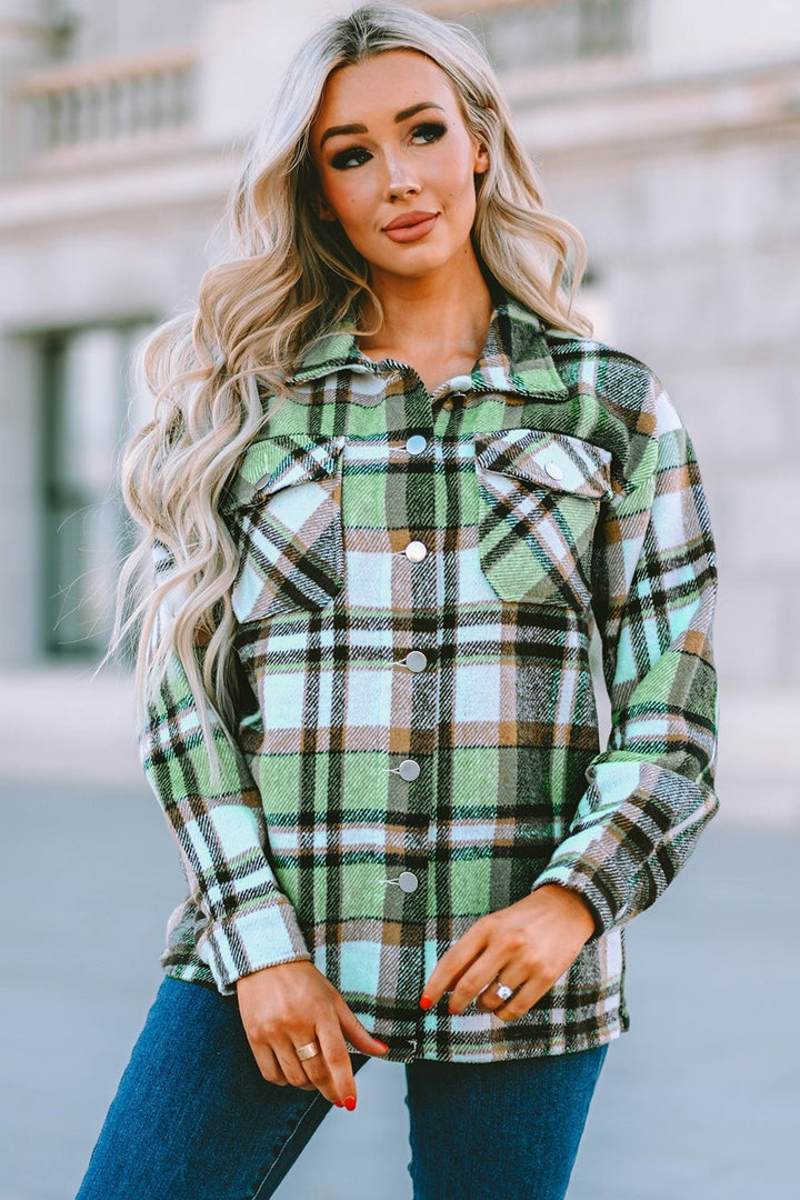 Plaid Pocketed Button Down Shacket - Jackets - FITGGINS