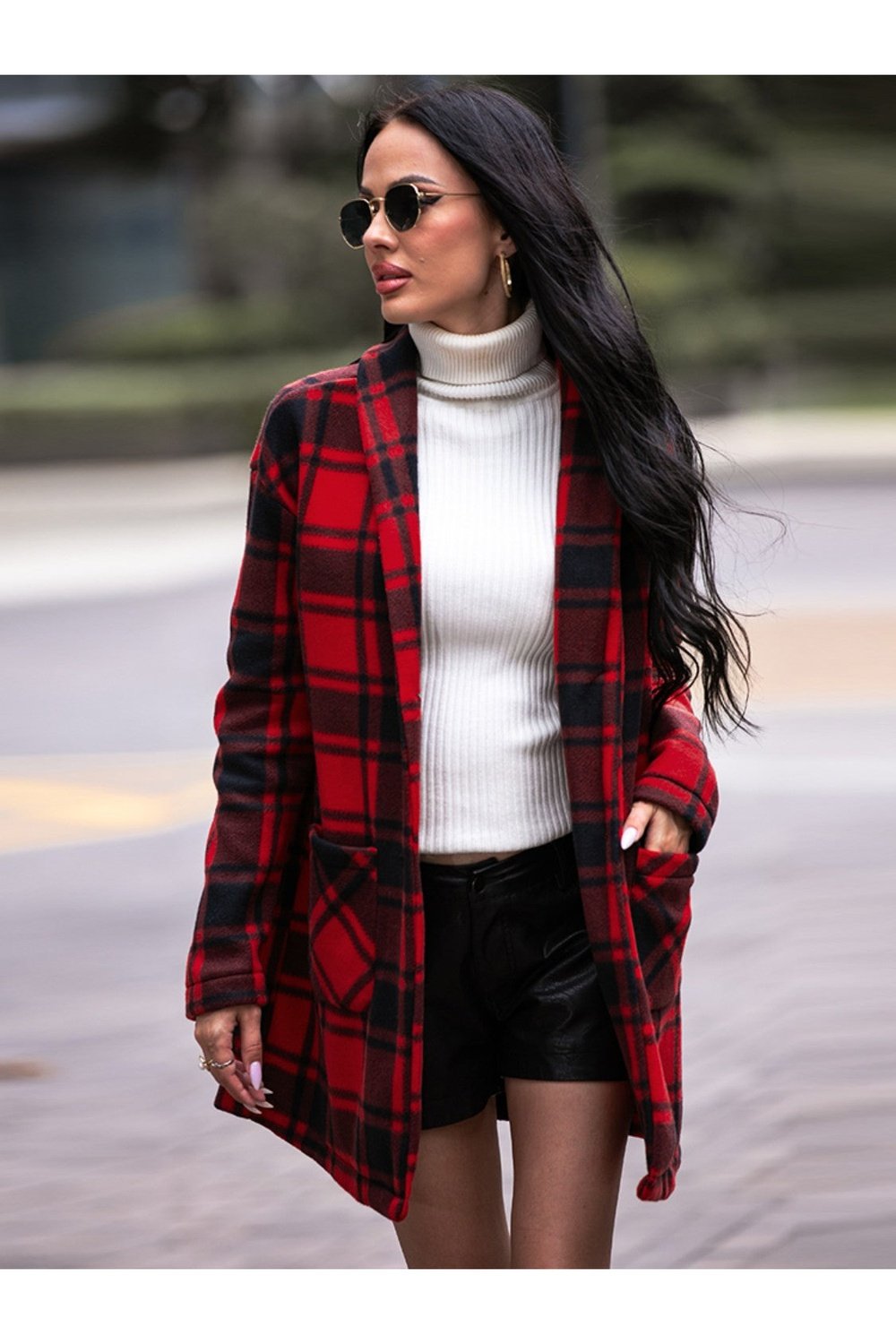 Plaid Shawl Collar Coat with Pockets - Jackets - FITGGINS