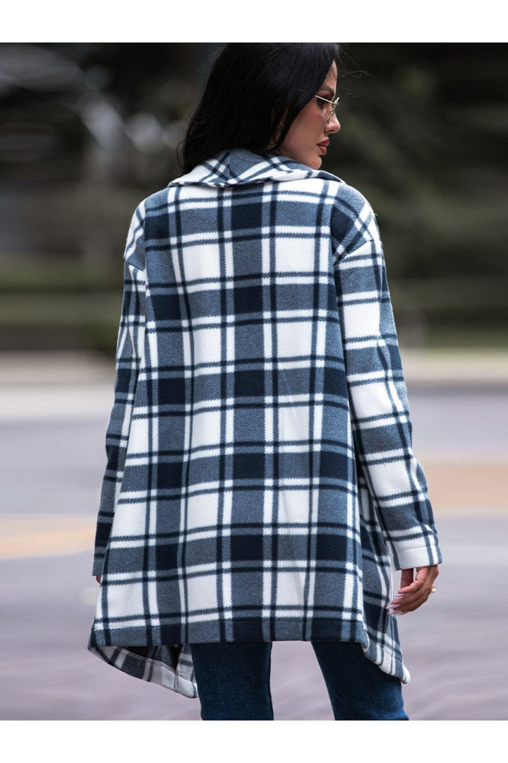 Plaid Shawl Collar Coat with Pockets - Jackets - FITGGINS