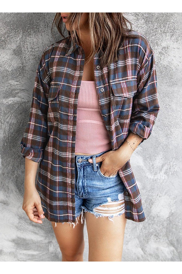Plaid Slit High-Low Shirt with Pockets
