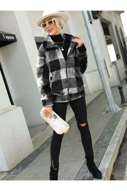 Plaid Zip-Up Collared Jacket - Jackets - FITGGINS