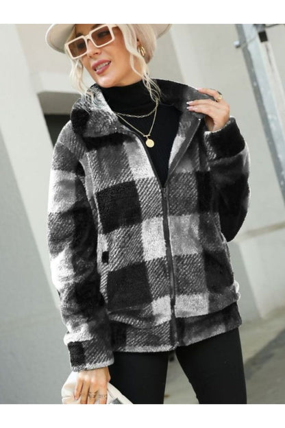 Plaid Zip-Up Collared Jacket - Jackets - FITGGINS