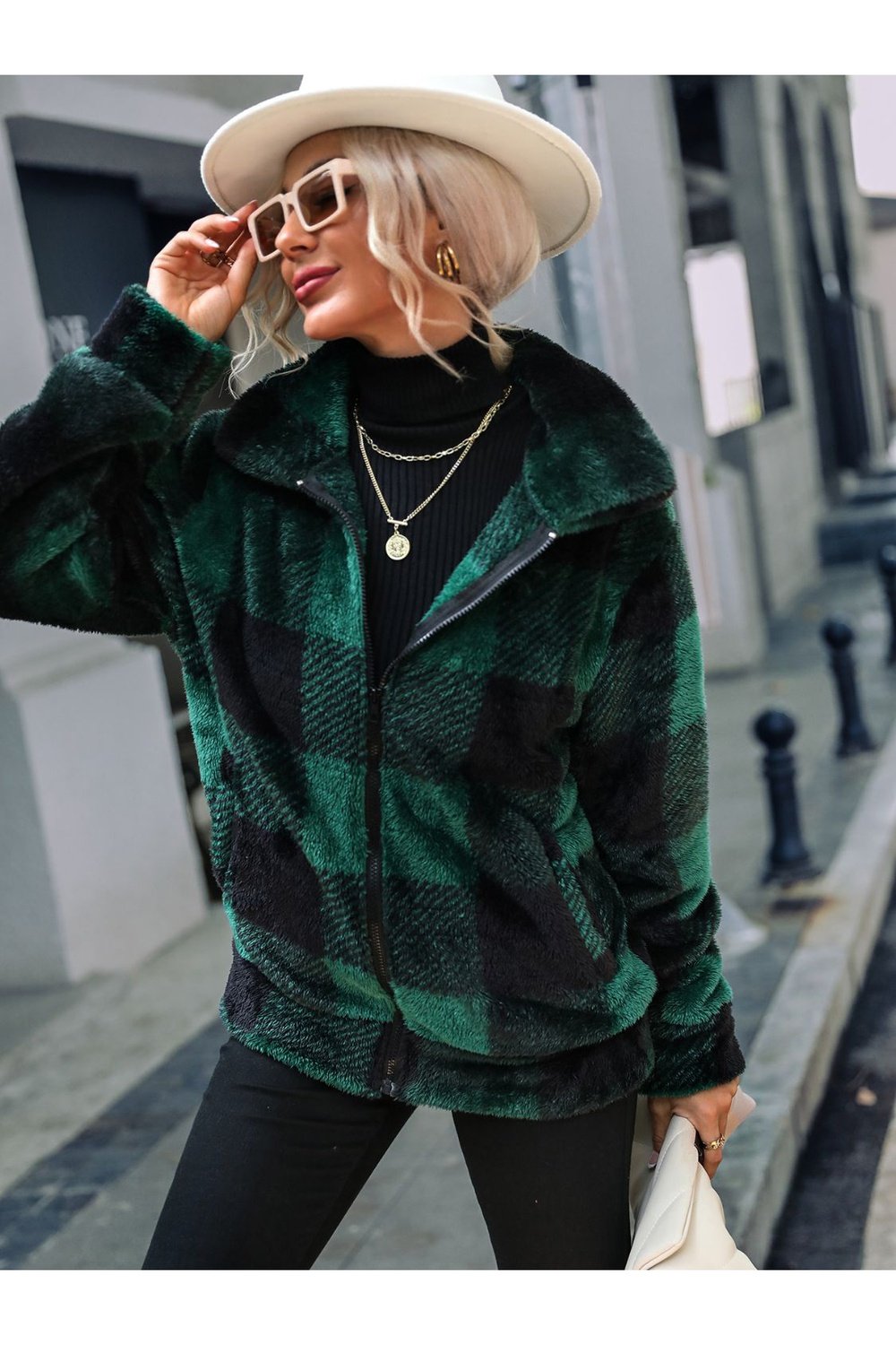 Plaid Zip-Up Collared Jacket - Jackets - FITGGINS