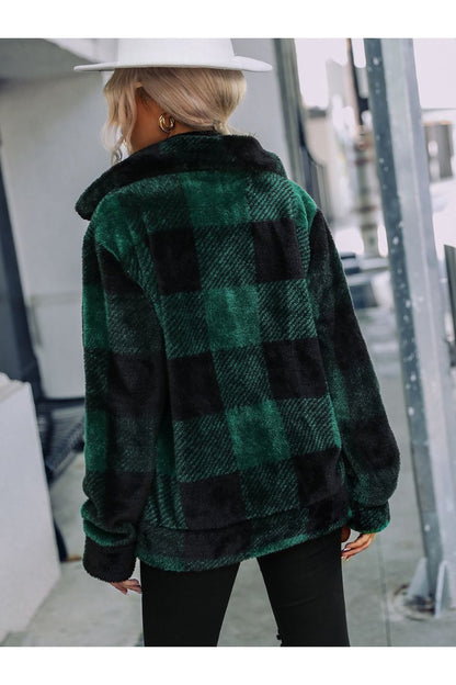 Plaid Zip-Up Collared Jacket - Jackets - FITGGINS