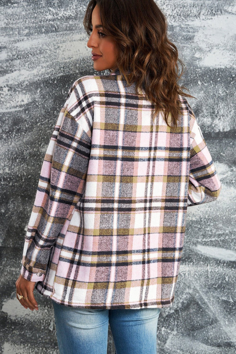 Plaid Button Front Shirt Jacket with Breast Pockets - Jackets - FITGGINS