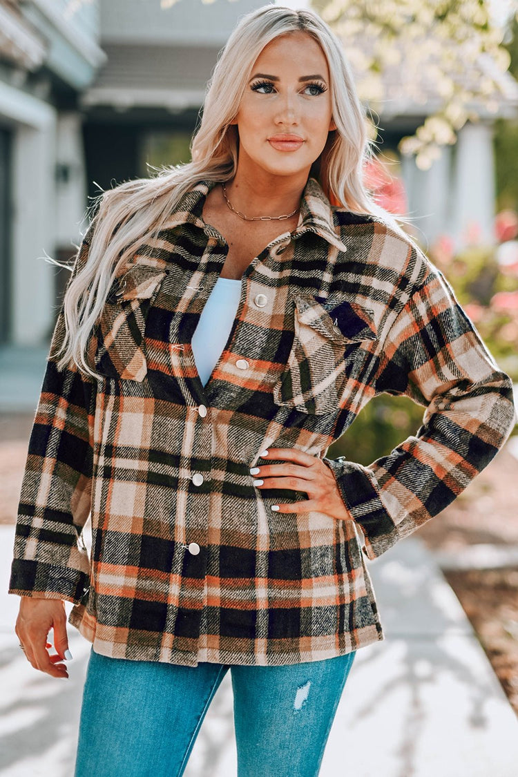 Plaid Button Front Shirt Jacket with Breast Pockets - Jackets - FITGGINS