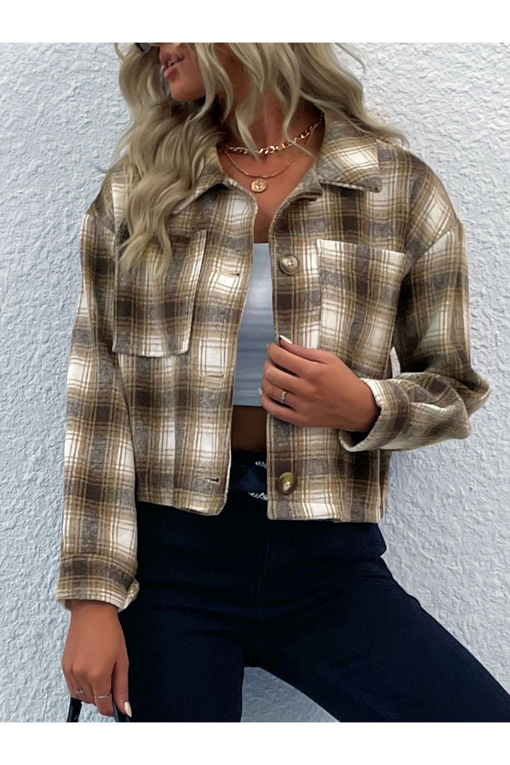 Plaid Button-Up Dropped Shoulder Shacket - Jackets - FITGGINS