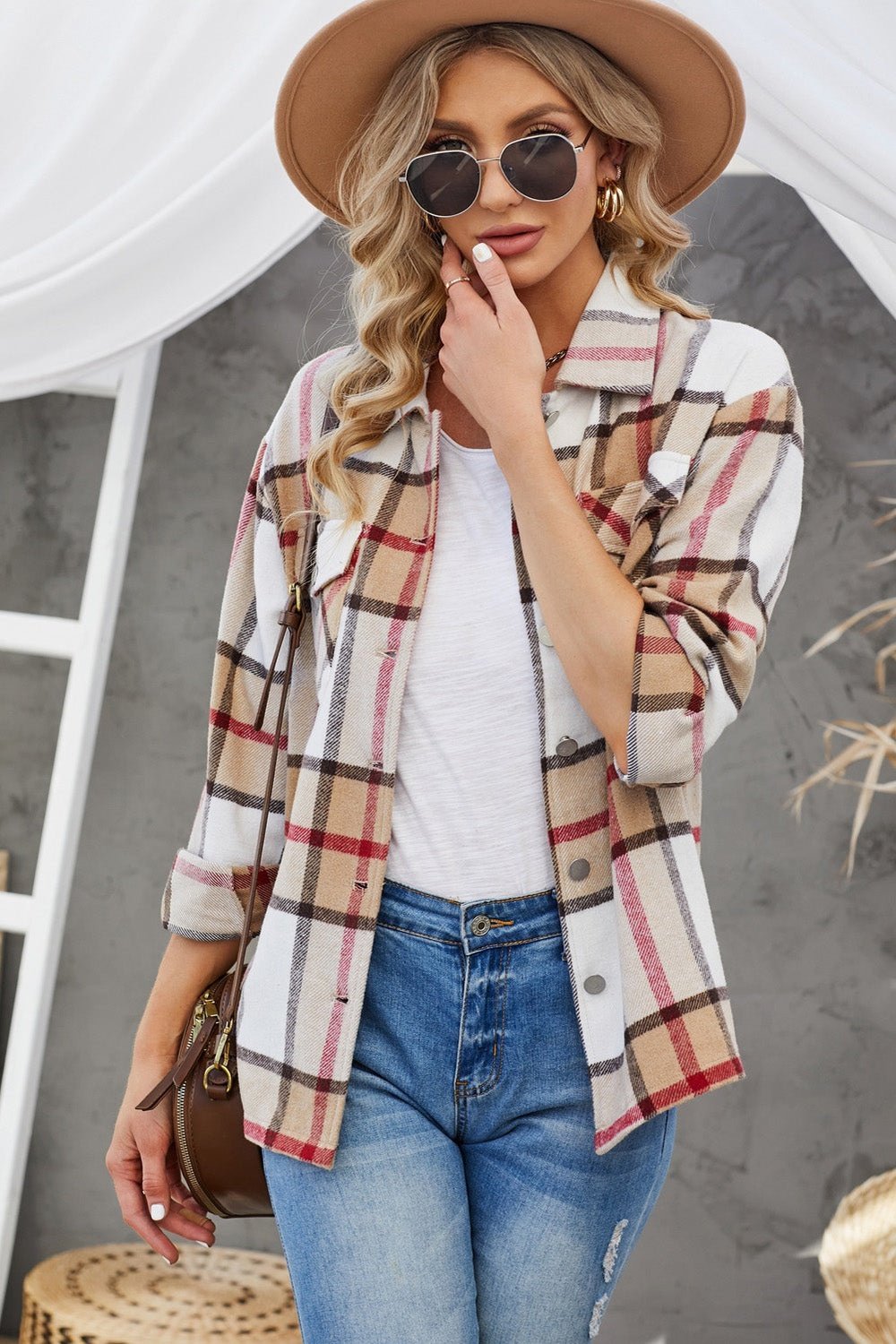 Plaid Button-Up Dropped Shoulder Shirt Jacket - Jackets - FITGGINS