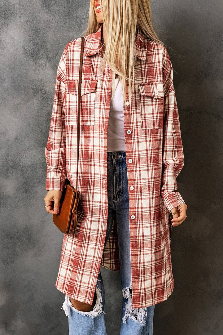 Plaid Button-Up Longline Shacket with Breast Pockets - Jackets - FITGGINS